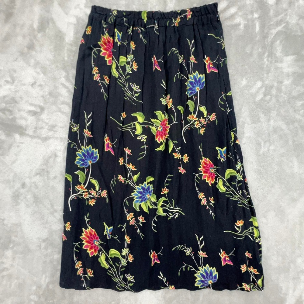 Japna Floral Midi Skirt Black Rayon‎ Elastic Waist Boho Butterfly Print Small